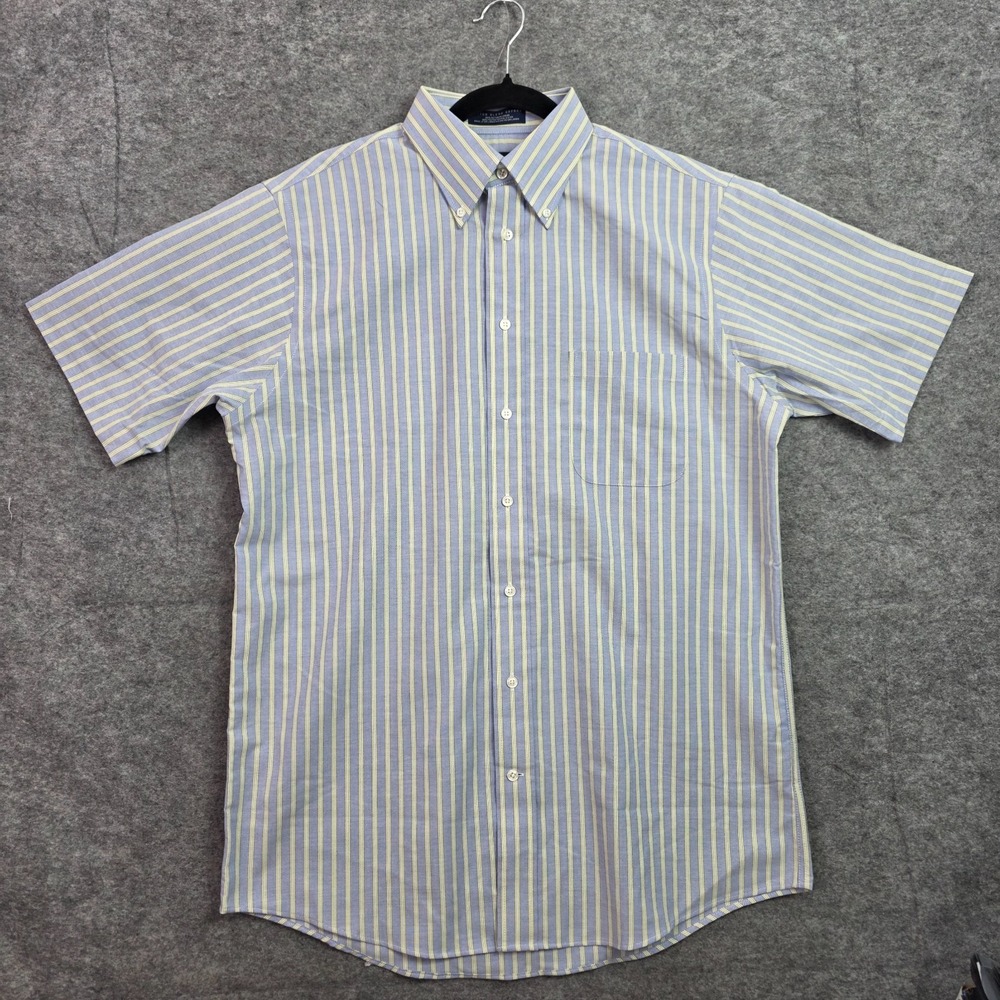 Stafford Essentials Mens Blue Yellow Striped Short Sleeve Oxford Shirt 15.5 M
